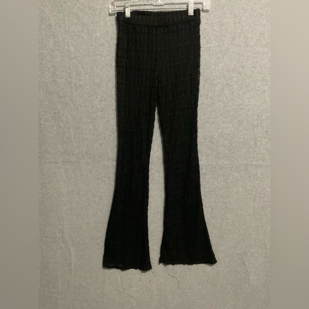 Vintage Boho Black Crochet Knit Flare Pants Sheer Mesh Bell Bottoms High Waist S